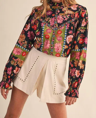 Merci Printed Border Trim Top In Black Multi Floral