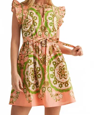 Merci Printed Flutter Sleeve Mini Dress In Lime/peach In Multi