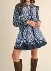 Merci Printed Ruffle Mini Dress In Navy Medallion