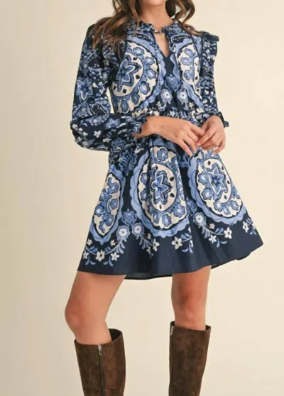 Merci Printed Ruffle Mini Dress In Navy Medallion