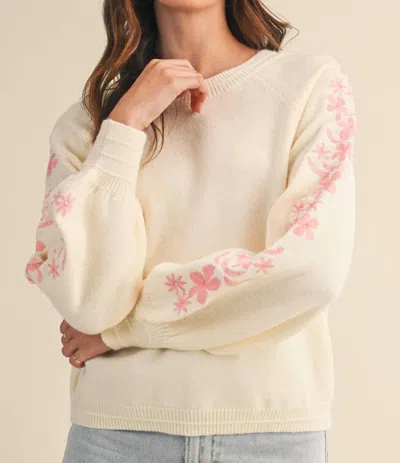 Merci Pullover Sweater With Floral Embroidery Sleeves In Ivory Pink In Neutral