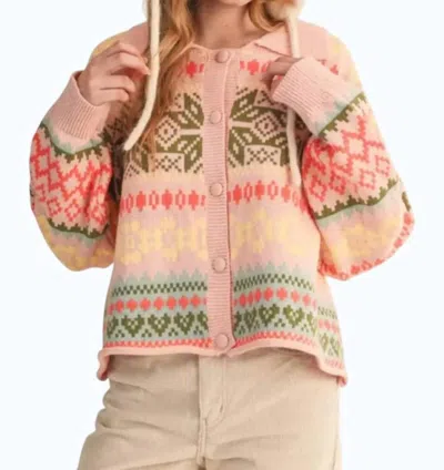 Merci Ribbed Collared Neckline Cardigan In Blush Pink In Gold