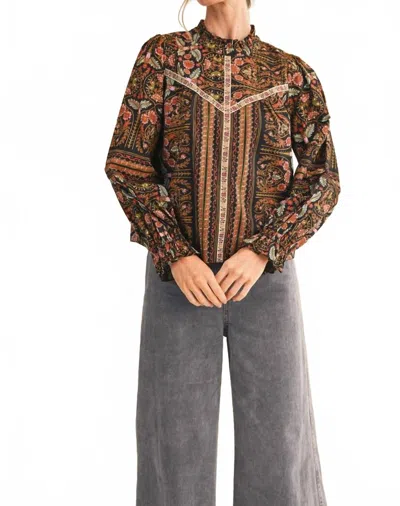 Merci Ruffle Collar Floral Botanical Blouse In Black Border Print In Brown