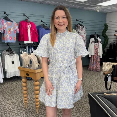 Merci Ruffled Button Down Floral Mini Dress In Blue In Multi