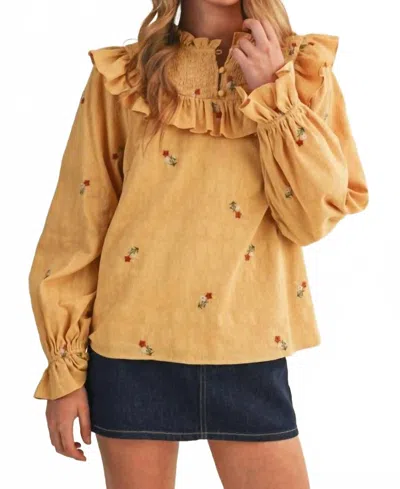 Merci Ruffled Smocked Embroidered Blouse In Yoke In Yellow