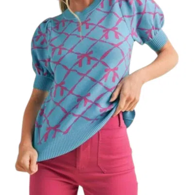 Merci Short Sleeve Bow Pattern Sweater In Blue