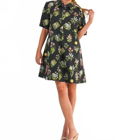 Merci Short Sleeve Button Down Mini Dress In Black Floral
