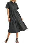 Merci Short Sleeve Button Down Tiered Midi Dress In Black In Black