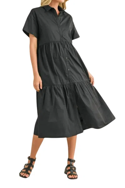 Merci Short Sleeve Button Down Tiered Midi Dress In Black