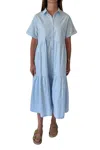 Merci Short Sleeve Button Down Tiered Midi Dress In Sky Blue In Blue