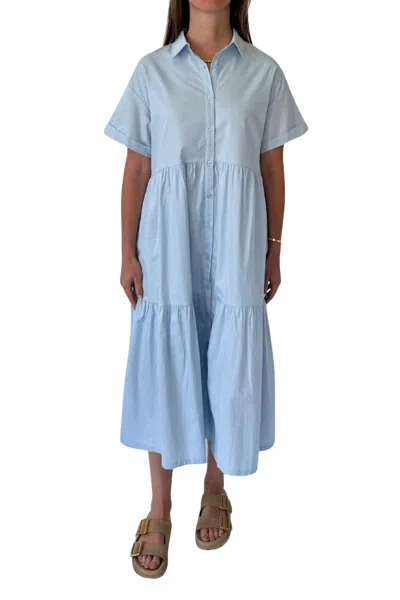 Merci Short Sleeve Button Down Tiered Midi Dress In Sky Blue