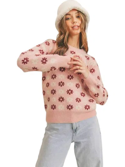 Merci Snowflake Print Crew Neck Sweater In Pink