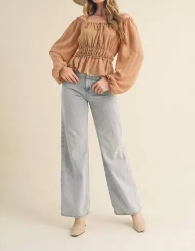 Merci Square Neckline Ruched Bodice Peplum Hem Top In Brown