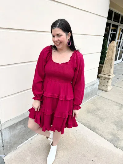 Merci Square Neckline Smocked Bodice Tiered Ruffle Dress In Burgundy In Red