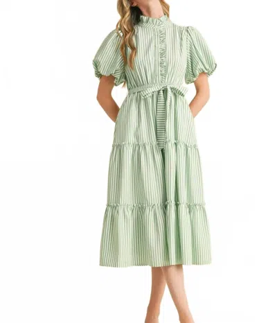 Merci Stripe Button Down Ruffle Midi Dress In Green