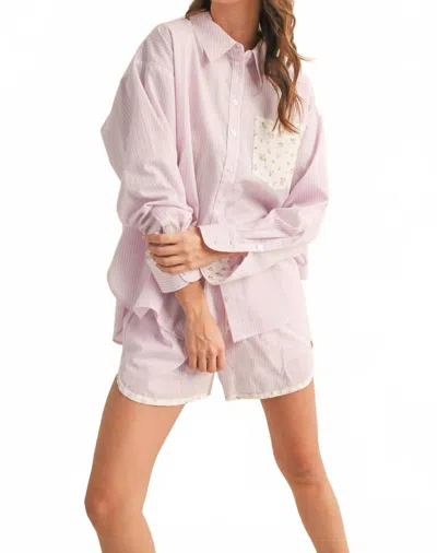 Merci Stripe Button-down Shirt And Short Set In Pink