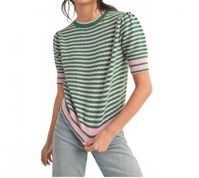 Merci Striped Pointelle Puff Sleeve Sweater In Green/pink