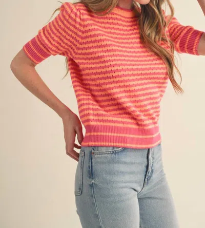 Merci Striped Pointelle Puff Sleeve Top In Pink And Orange Stripe