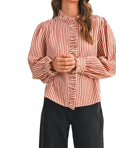 Merci Striped Ruffle Button Down Top In Red In Multi