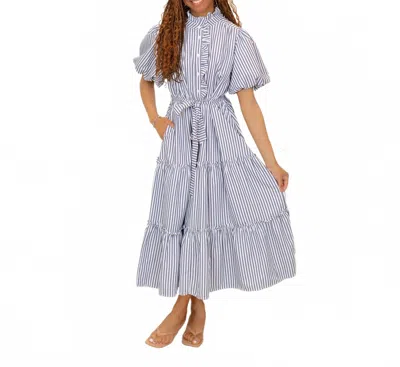 Merci Striped Ruffled Button Down Midi Dress In Navy In Blue