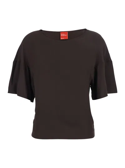 MERCI BROWN T-SHIRT WITH ROUND NECK AND WIDE SHORT SLEEVES IN FABRIC WOMAN