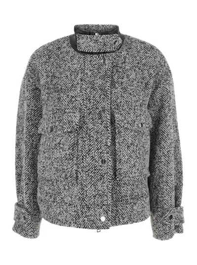 Merci Tech Fabric High-collar Zip Front Jacket For Women In Gray