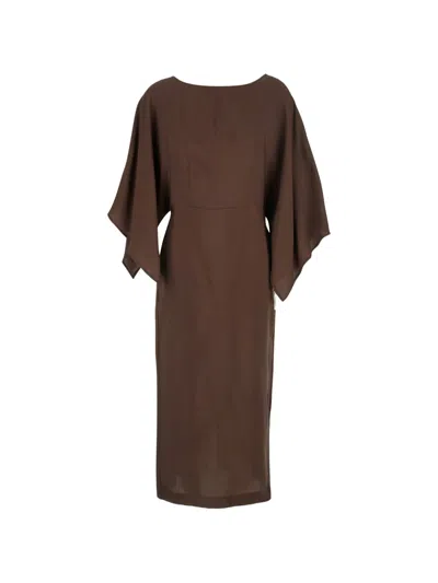 Merci Textured Cape-sleeve Midi Dress In Brown