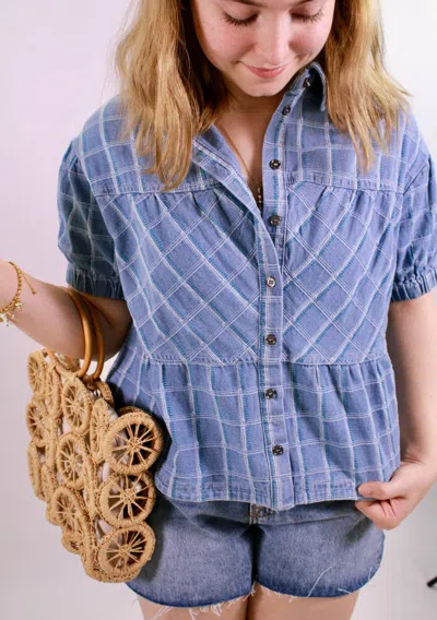 Merci The Cool Girl Check Denim Top In Light Blue