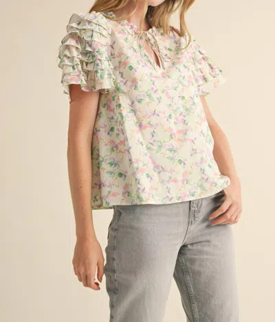 Merci Tie Front Ruffle Sleeve Top In Pink Green Floral In Multi