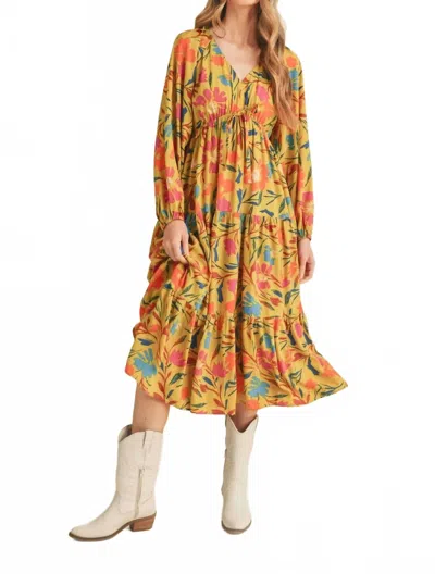 Merci Tiered Long Sleeve Midi Dress In Multi
