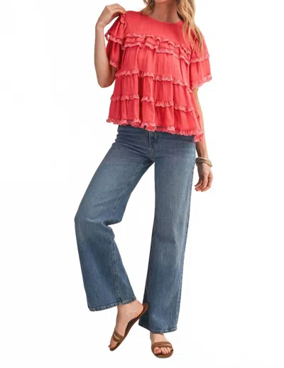 Merci Tiered Ruffle Lace Trim Swing Top In Coral Orange In Pink