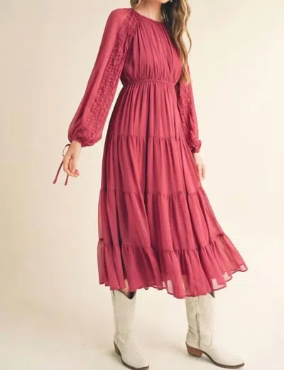 Merci Tiered Ruffle Sleeve Midi Dress In Raspberry In Pink
