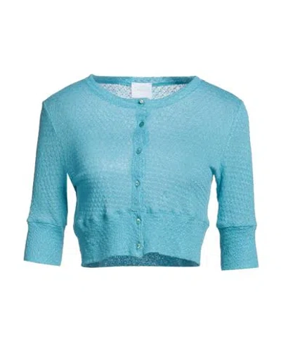 Merci .., Woman Cardigan Turquoise Size M Linen, Elastane In Blue