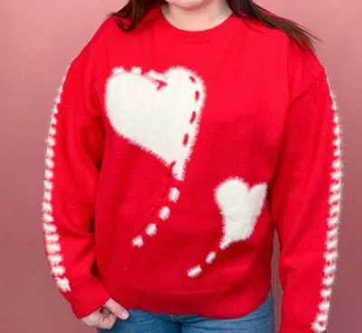Merci Women's Fuzzy Hearts Sweater In Red