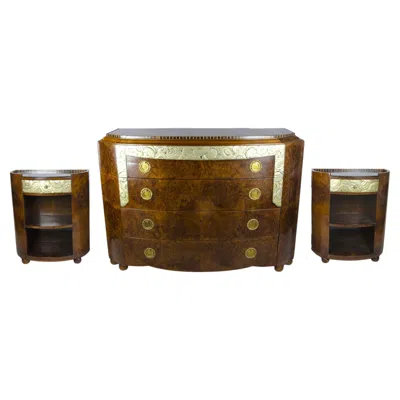 Pre-owned Mercier Freres Set Of Art Déco Wood Commode And Pair Of Nightstands By Mercier Frères, France In Brown