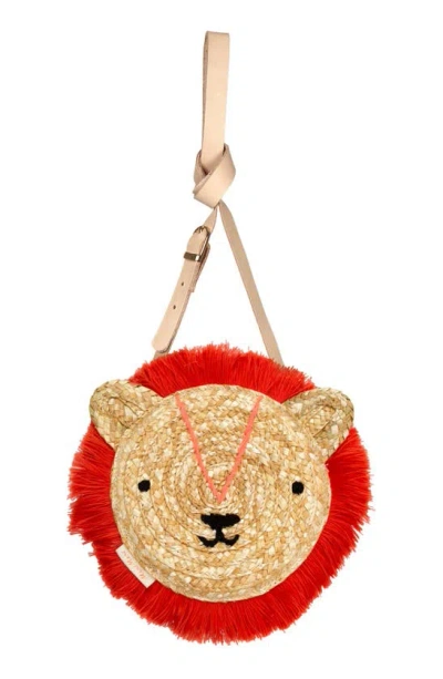 Meri Meri Kids' Lion Straw Crossbody Bag In Burgundy