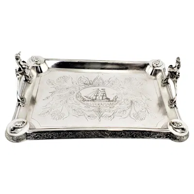 Pre-owned Meridiani Antique Aesthetic Movement Silver Plated Serving Tray With Figural Siren Handles