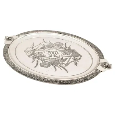 Pre-owned Meridiani Antique English Silver Plated Serving Tray With Neoclassical Styled Decoration In Sand