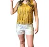 Merigold Kiss Cheyenne Vegan Suede Fringe Crop Top In Mustard In Yellow