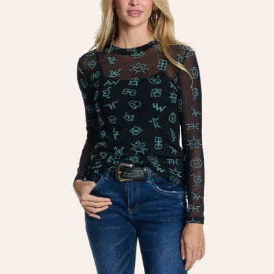 Merigold Kiss Women's Black & Turquoise Brands Print Long Sleeve Mesh Top