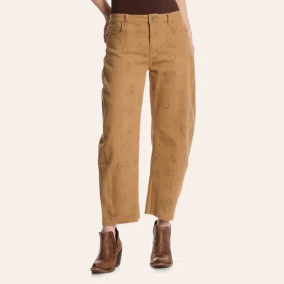 Merigold Kiss Women's Brown Western Print High Rise Barrel Leg Jeans