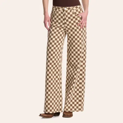 Merigold Kiss Women's Chocolate & Beige Checkerboard Print High Rise Wide Leg Jeans In Multi