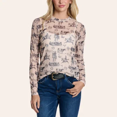 Merigold Kiss Women's Cream & Black Western Print Long Sleeve Mesh Top In White