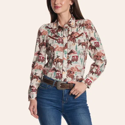 Merigold Kiss Women's Ivory Frontier Print Long Sleeve Pearl Snap Western Shirt In White