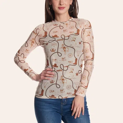 Merigold Kiss Women's Ivory Western Print Long Sleeve Mesh Top In White
