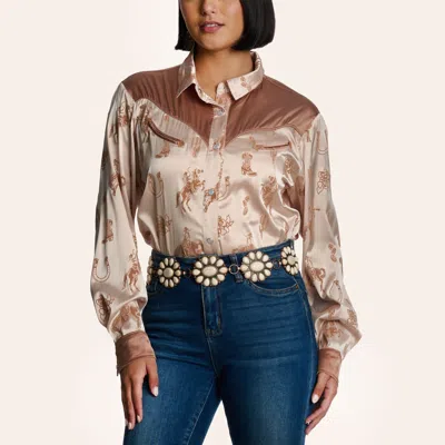 Merigold Kiss Women's Light Mocha Western Print Satin Long Sleeve Pearl Snap Western Shirt In Brown
