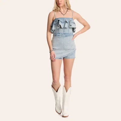 Merigold Kiss Women's Light Wash Denim Ruffled Romper In Blue