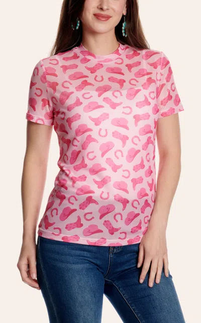 Merigold Kiss Women's Pink Western Hat & Boot Print Mesh Top