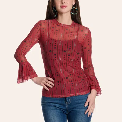Merigold Kiss Women's Red Western Print Tiered Bell Sleve Mesh Top In Brown