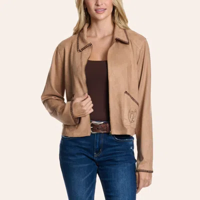 Merigold Kiss Women's Tan & Brown Embroidered Suede Jacket
